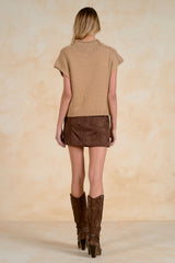 Exposed Seam Mock Neck Cap Sleeve Sweater Tan