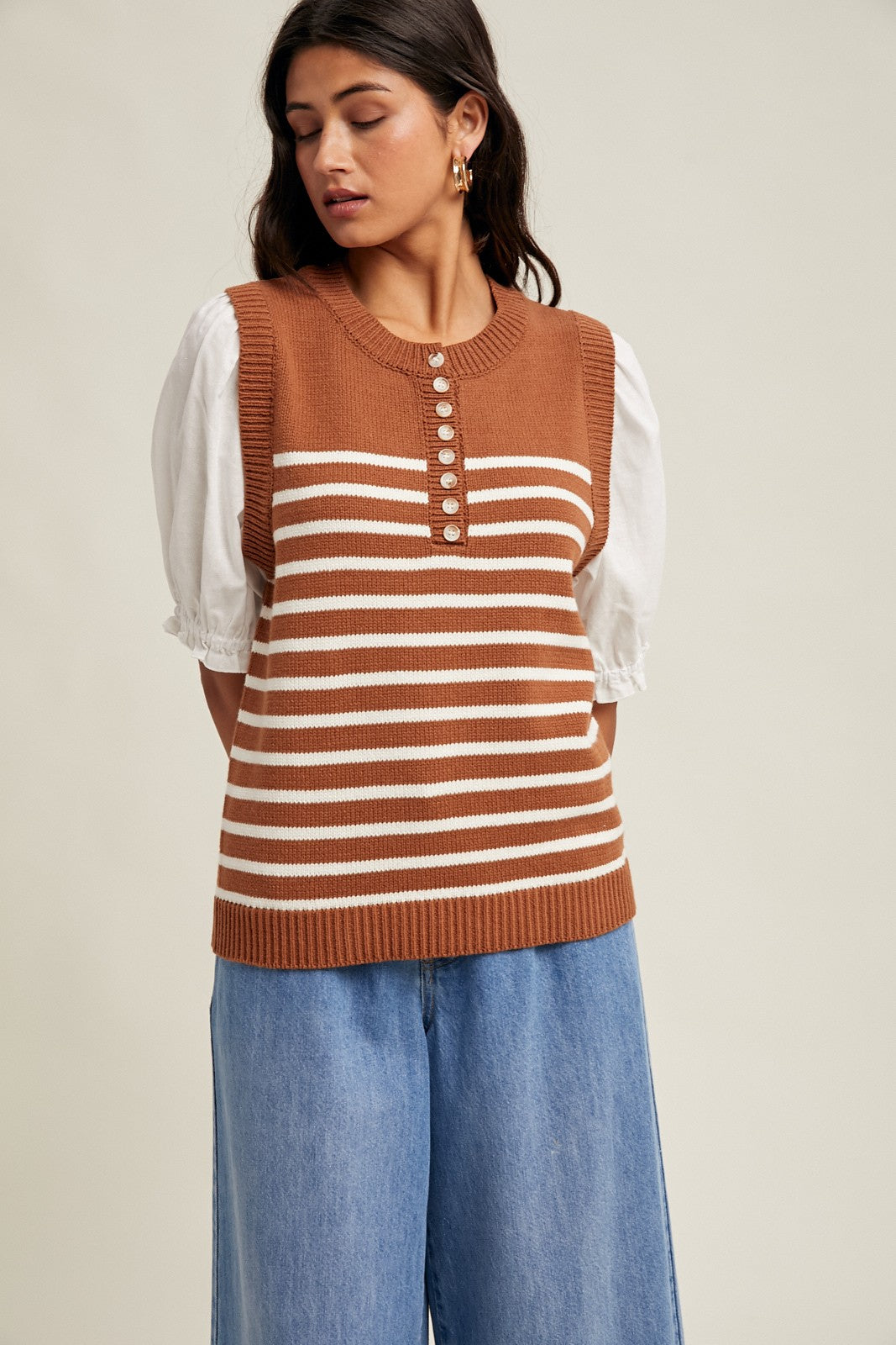 Twofer Puff Sleeve Striped Sweater Top Rust + Off White
