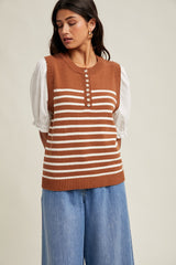 Twofer Puff Sleeve Striped Sweater Top Rust + Off White