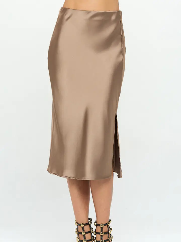 Solid Stretch Satin Midi Slit Skirt Dune