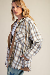 Plaid Button Down Washed Shacket Mocha Navy