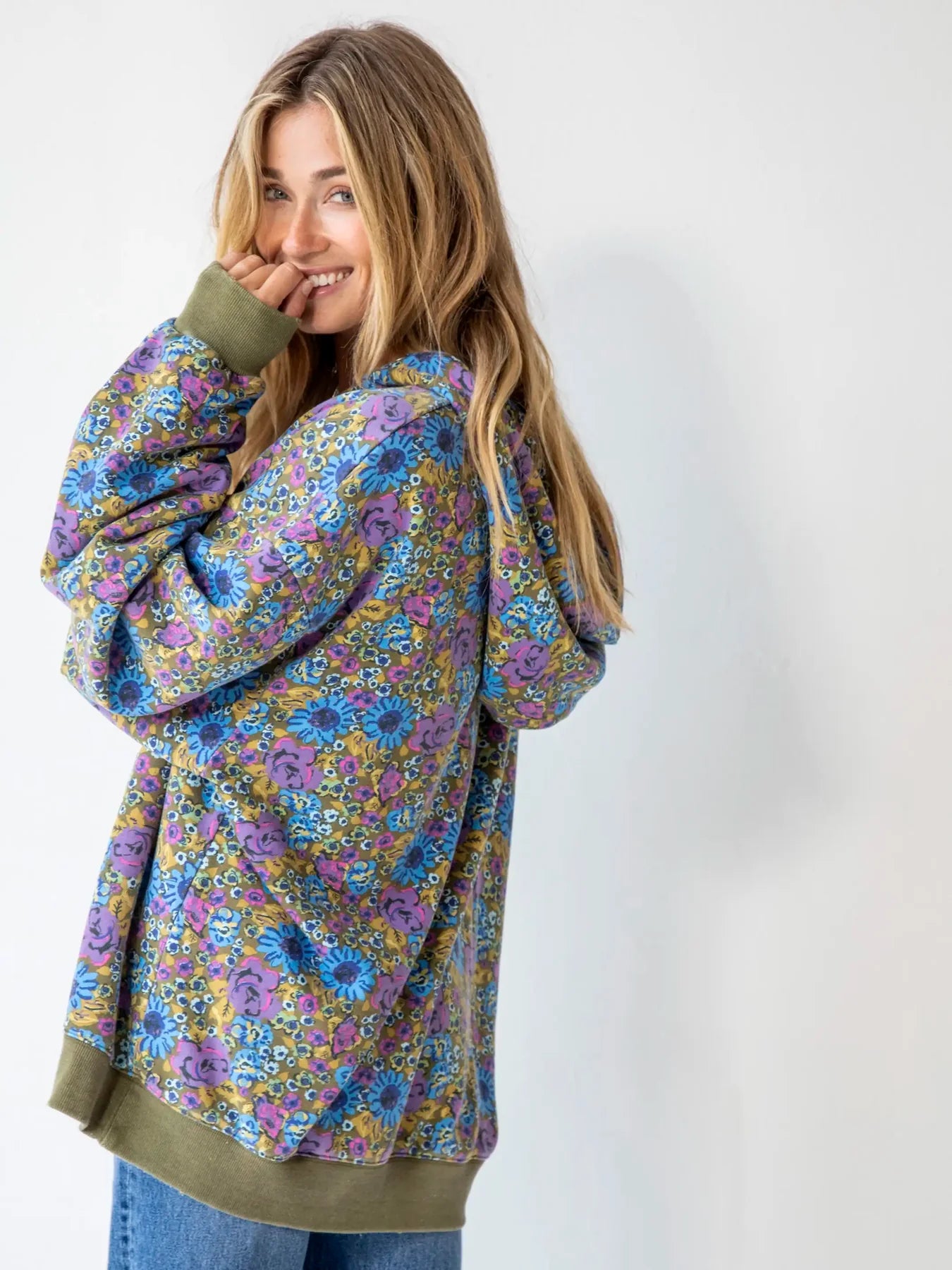 Oversized Printed Hoodie Blue Purple Daisy
