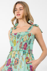 Tie Strap Smocked Tiered Retro Floral Midi Dress Sage