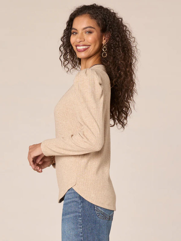 Puff Shoulder Long Sleeve Shirtail Hem Top Heather Oatmeal