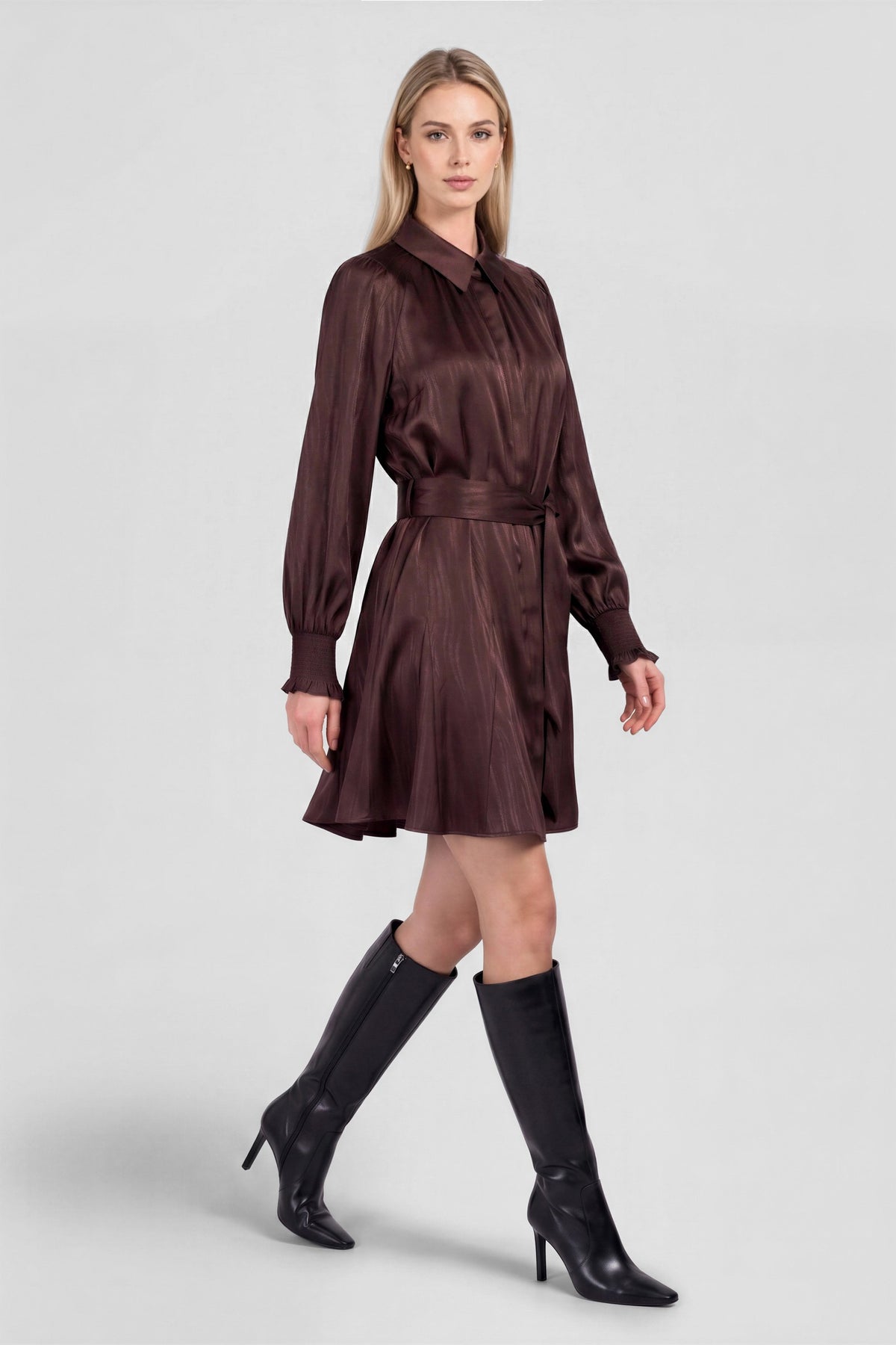 Gathered Shoulder Satin Long Sleeve Belted Dress