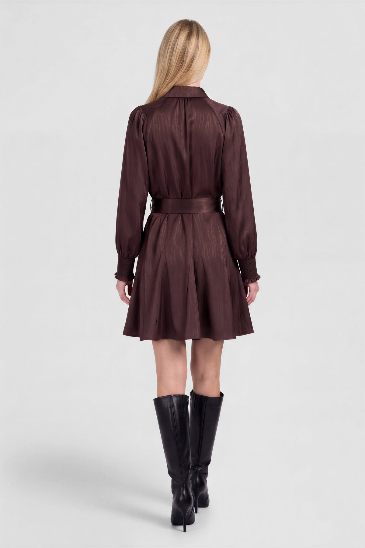 Gathered Shoulder Satin Long Sleeve Belted Dress