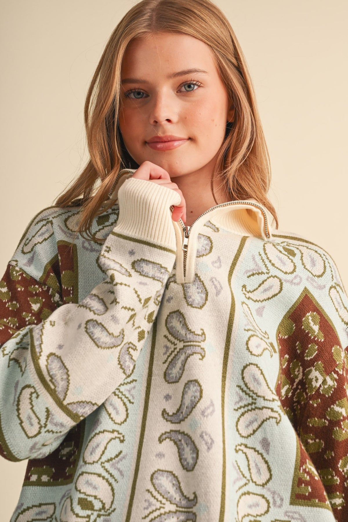Paisley Knit Half Zip Sweater