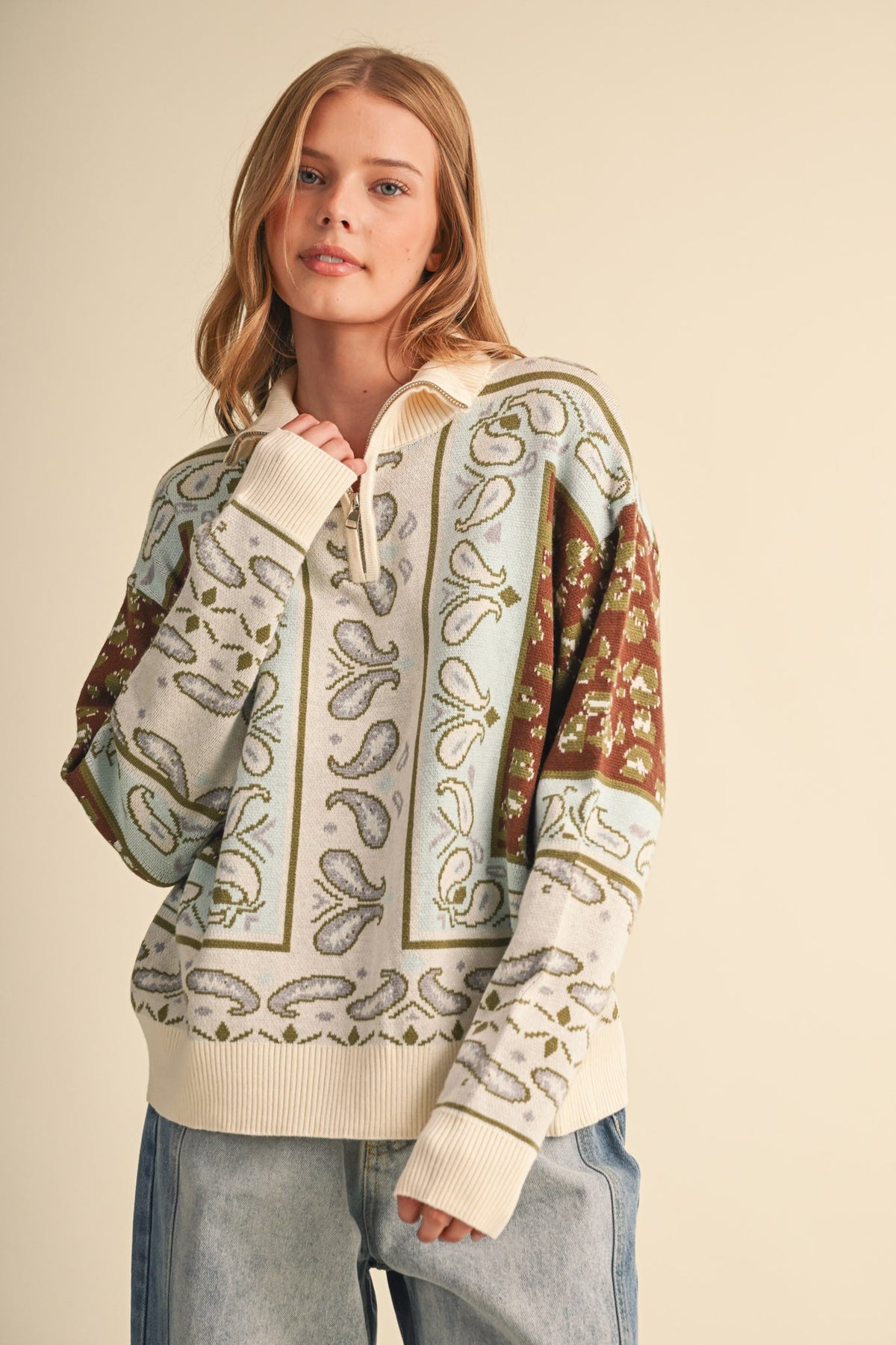 Paisley Knit Half Zip Sweater