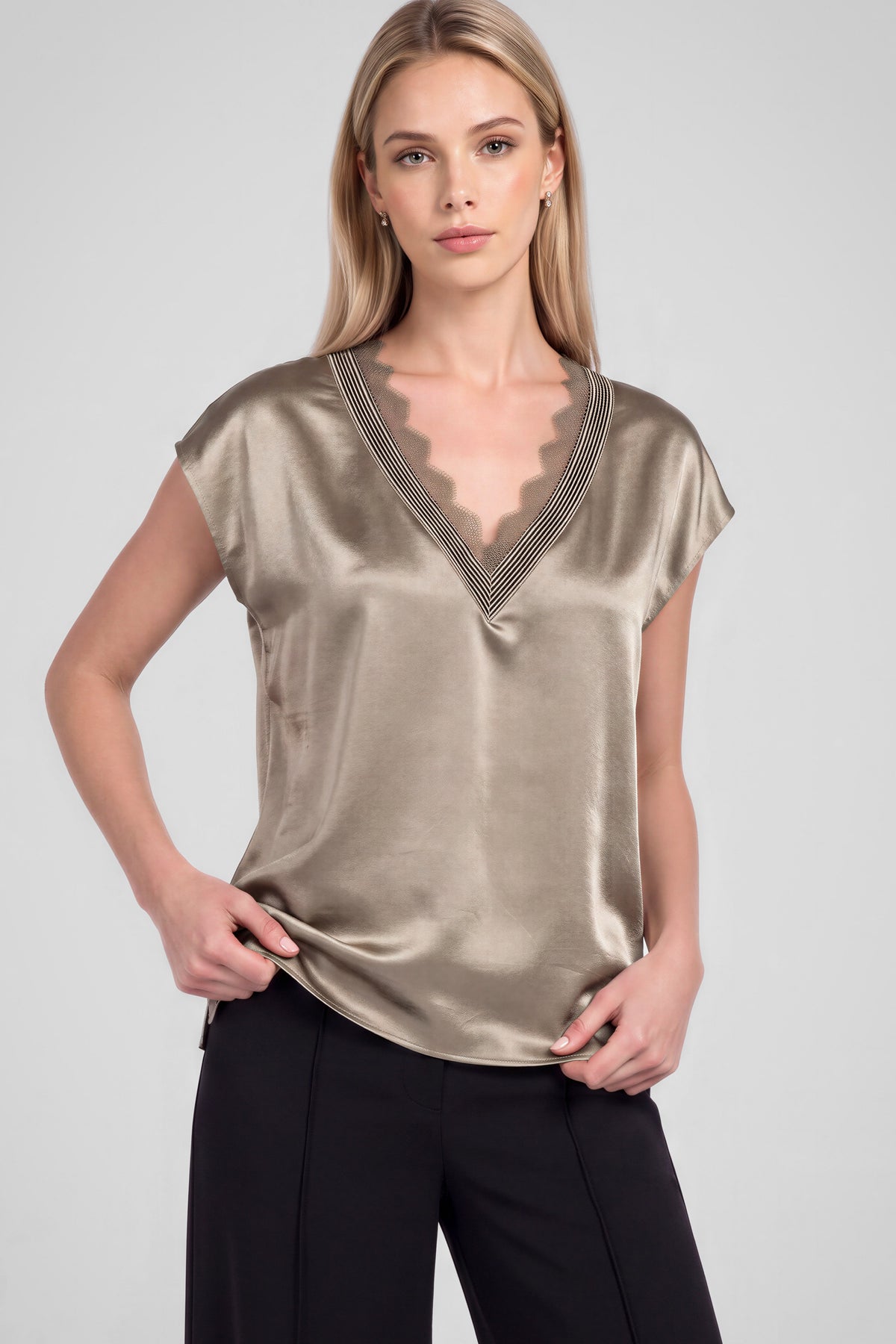 Lace Textured Seam Vneck Boxy Satin Top