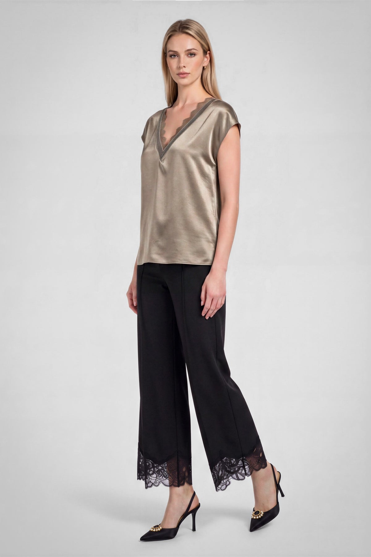 Lace Textured Seam Vneck Boxy Satin Top