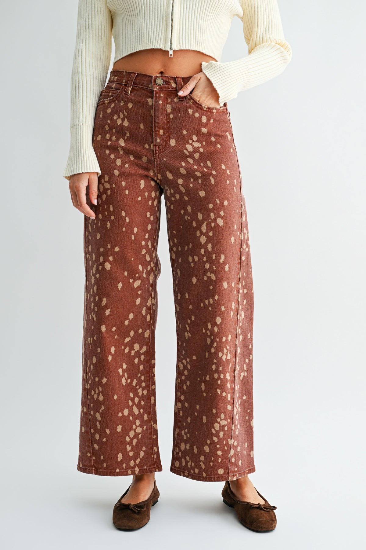 Slim Wide Leg Printed Denim Pants - Deer Print