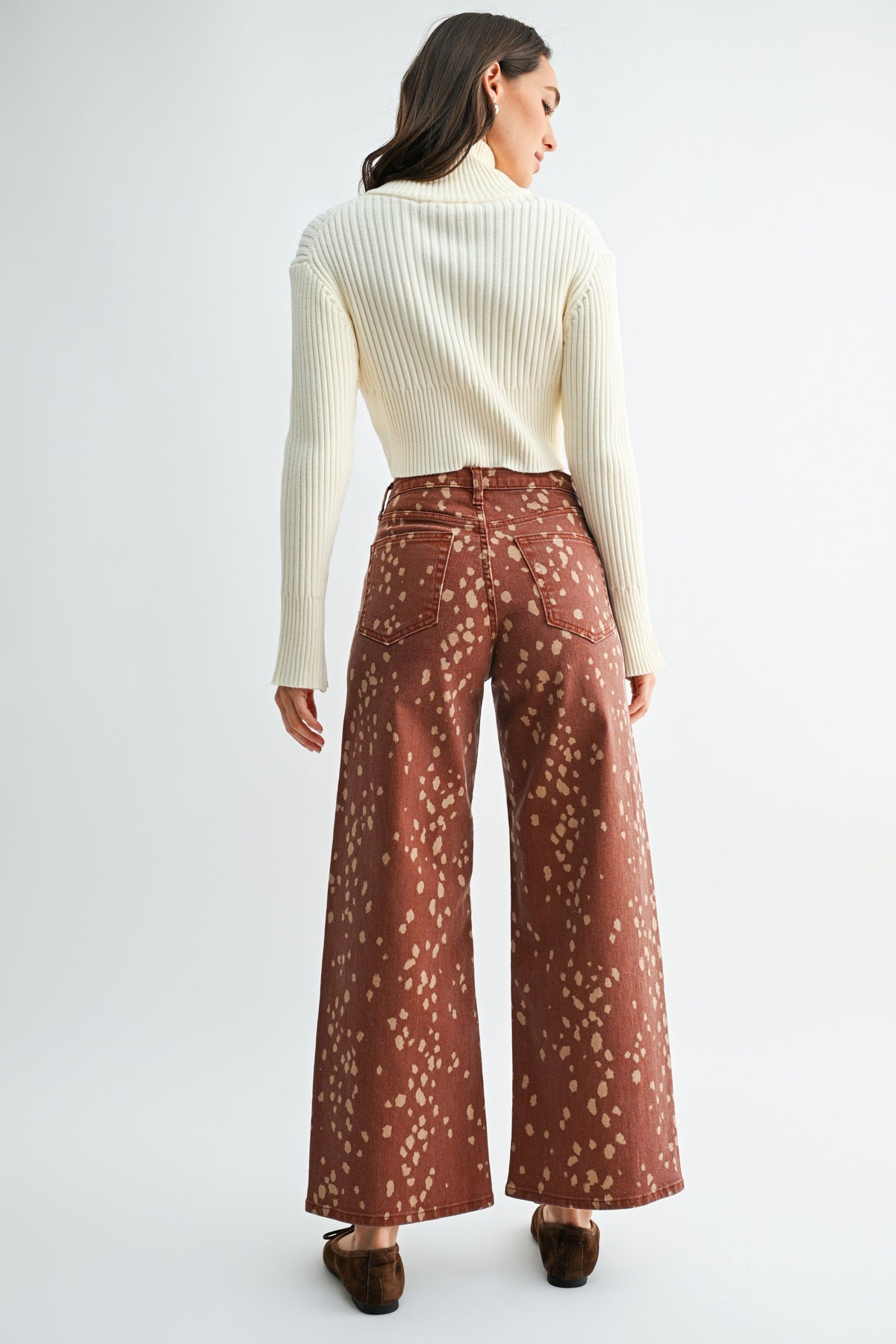 Slim Wide Leg Printed Denim Pants - Deer Print