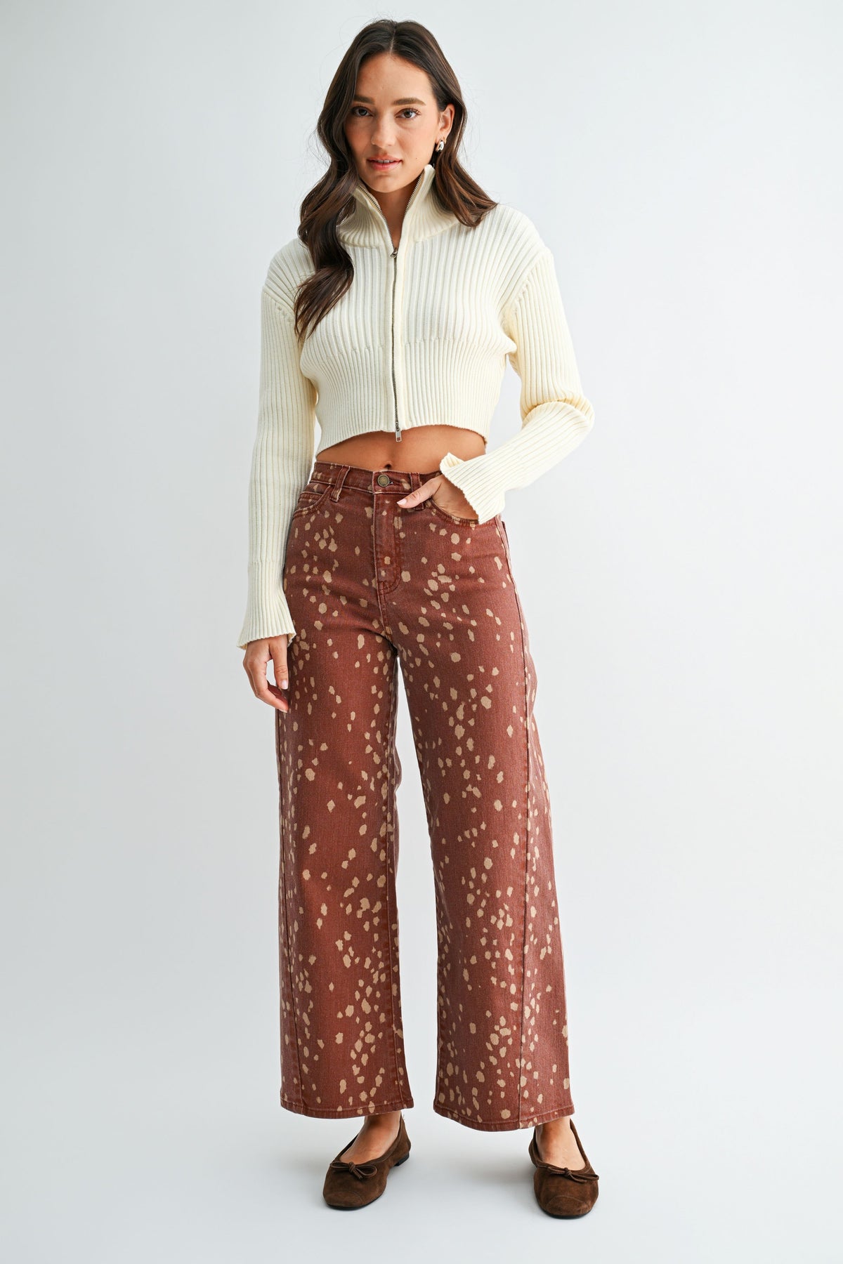 Slim Wide Leg Printed Denim Pants - Deer Print