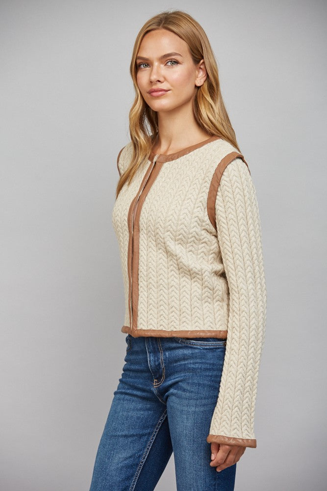 Leather Trim Cable Knit Jacket