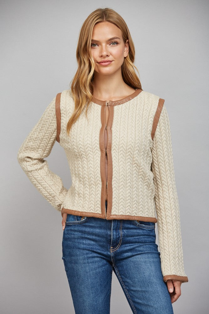 Leather Trim Cable Knit Jacket