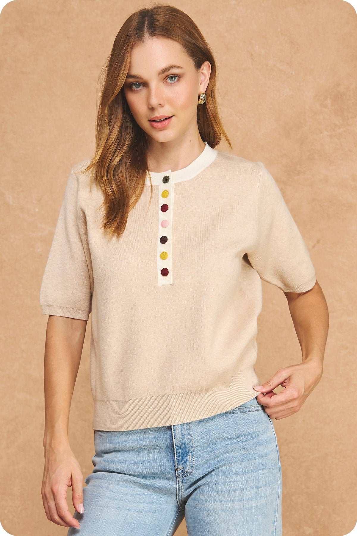 Multi Color Button Short Sleeve Knit Top