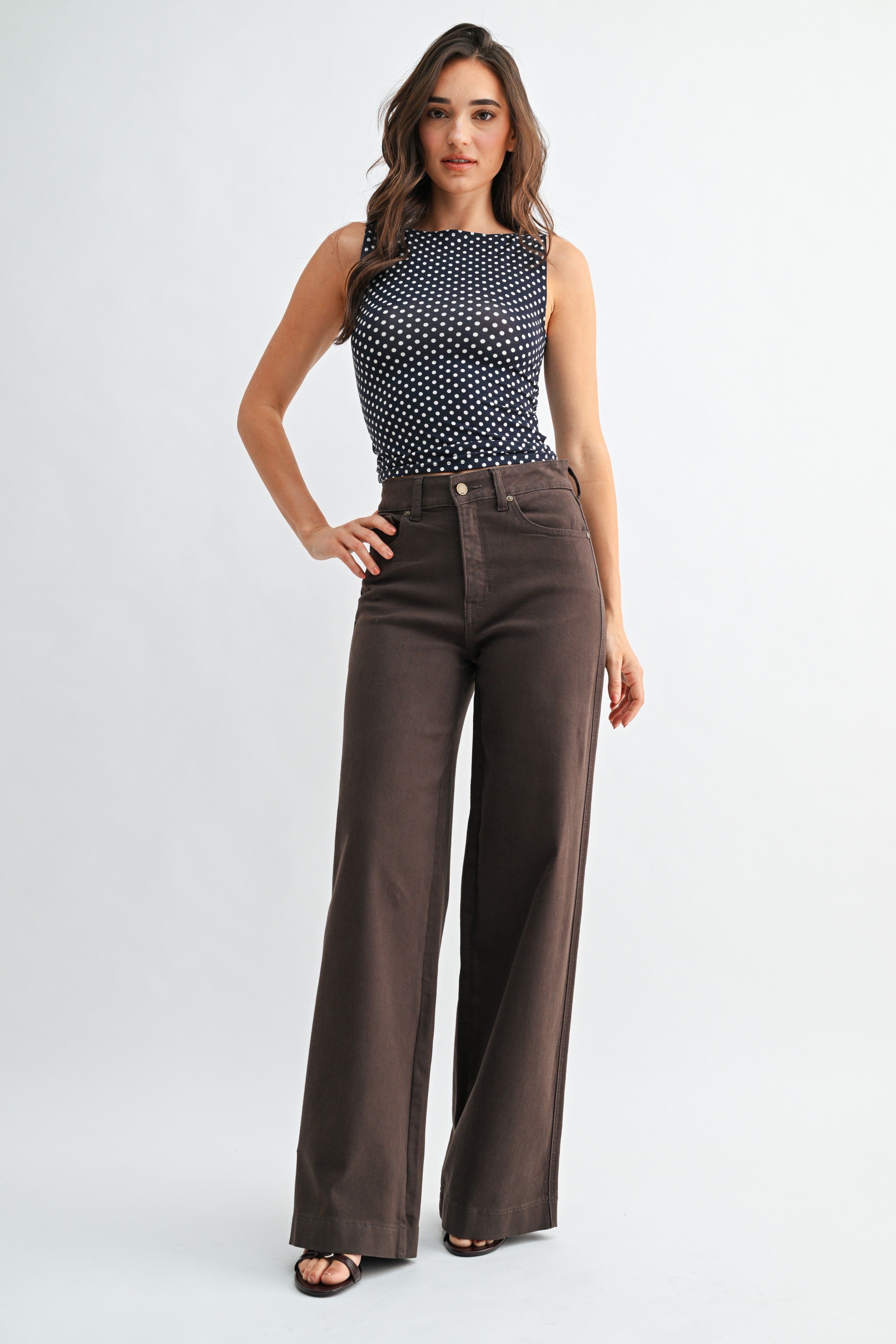 High Rise Full Length Wide Leg Denim Pants Dark Brown