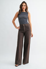 High Rise Full Length Wide Leg Denim Pants Dark Brown