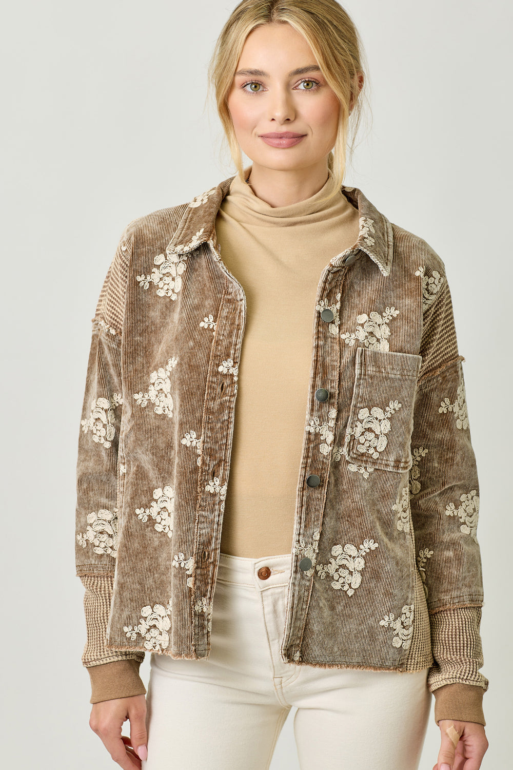 Flower Emb. Waffle Corduroy Mix Hoodie Jacket