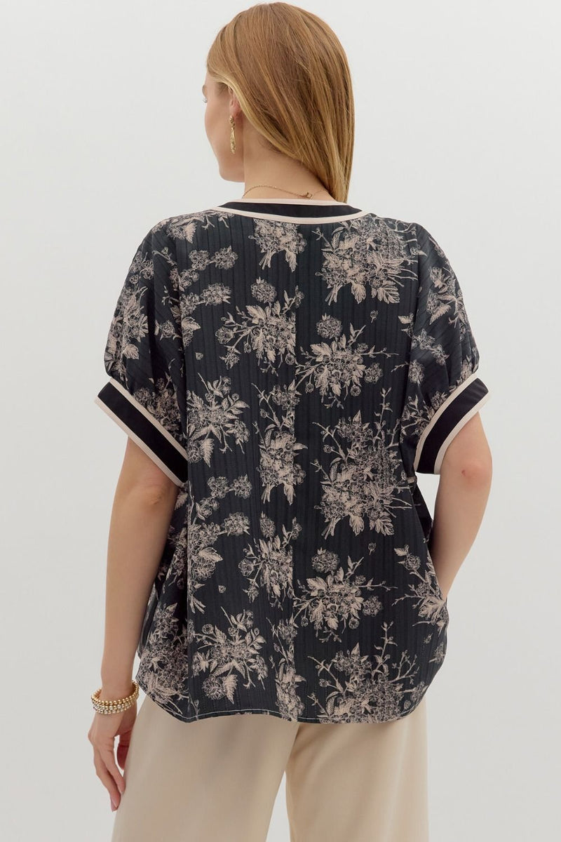 Floral Print Pullover Multicolor Band Dolman Top Black