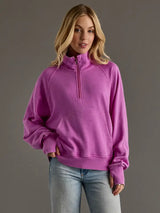 Cropped Funnel Neck 1/4 Zip Sweatshirt Purple