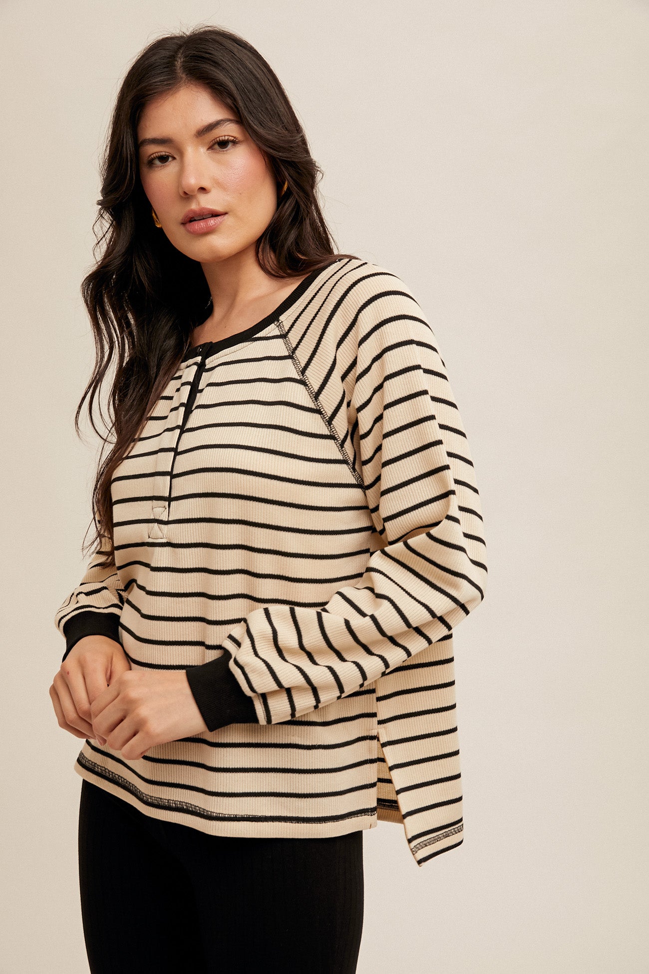 Side Slit Oversize Stripe Long Sleeve Top Black