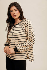 Side Slit Oversize Stripe Long Sleeve Top Black