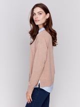 Shirt Collar Layer 2Fer Vneck Sweater Heather Caramel