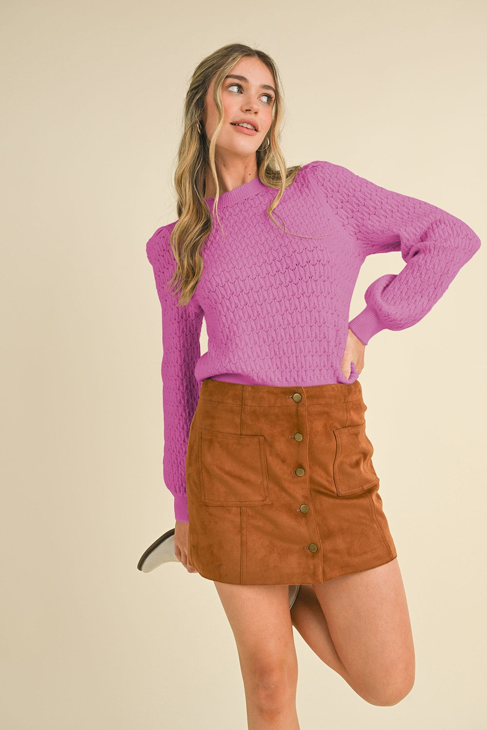 Puff Sleeve Scalloped Pointelle Sweater Wild Orchid