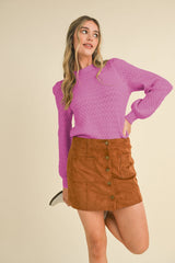 Puff Sleeve Scalloped Pointelle Sweater Wild Orchid