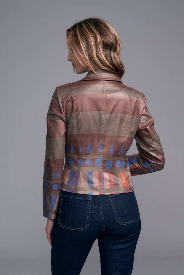 Printed Metallic Vegan Leather Moto Jacket Liquid Forest