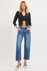 High Rise Straight Crop Seam Detail Jeans Dark