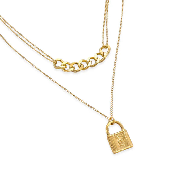 Double Layer Curb Chain Lock 18k Gold Plated Necklace