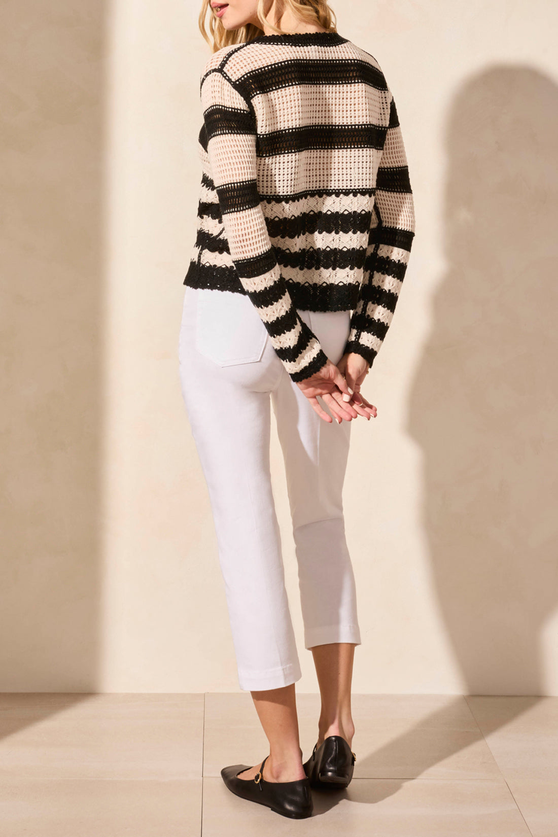 Button Down Crochet Stripe Sweater Black