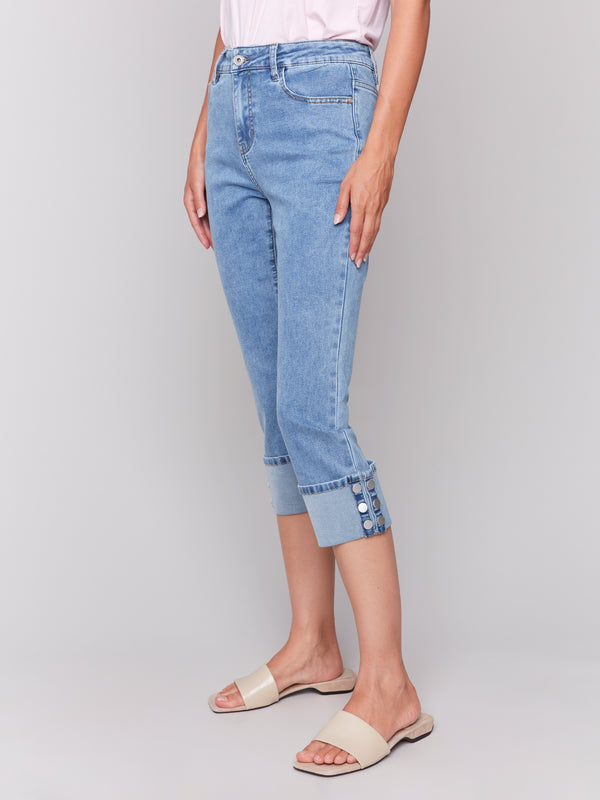 Snap Button Cuff Five Pocket Jeans Light Blue