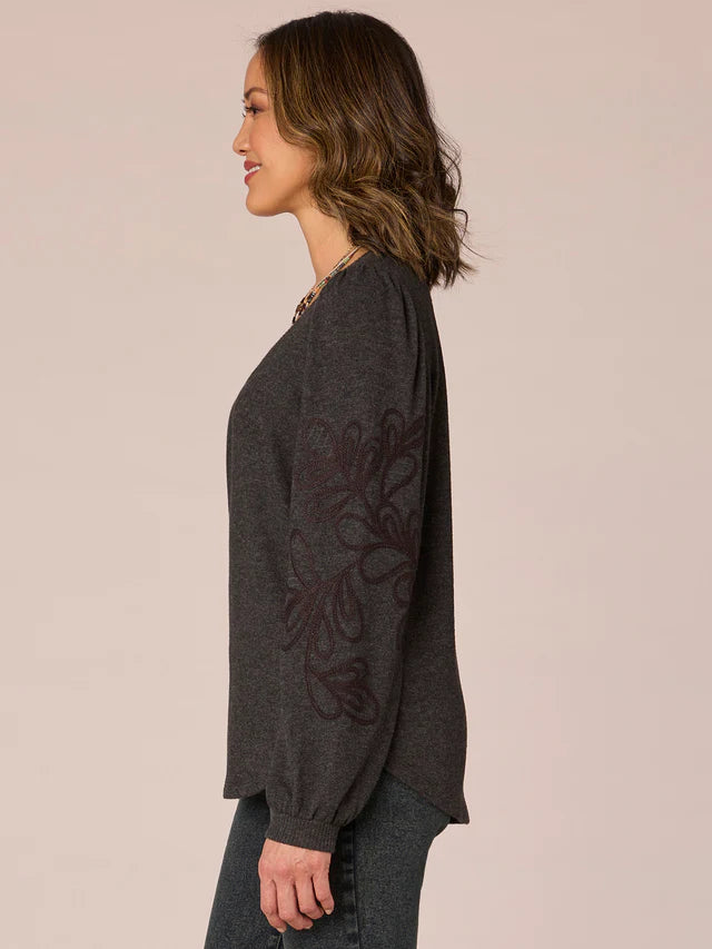 Embroidered Blouson Sleeve Vneck Sweatshirt Heather Charcoal