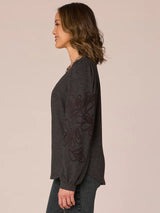 Embroidered Blouson Sleeve Vneck Sweatshirt Heather Charcoal