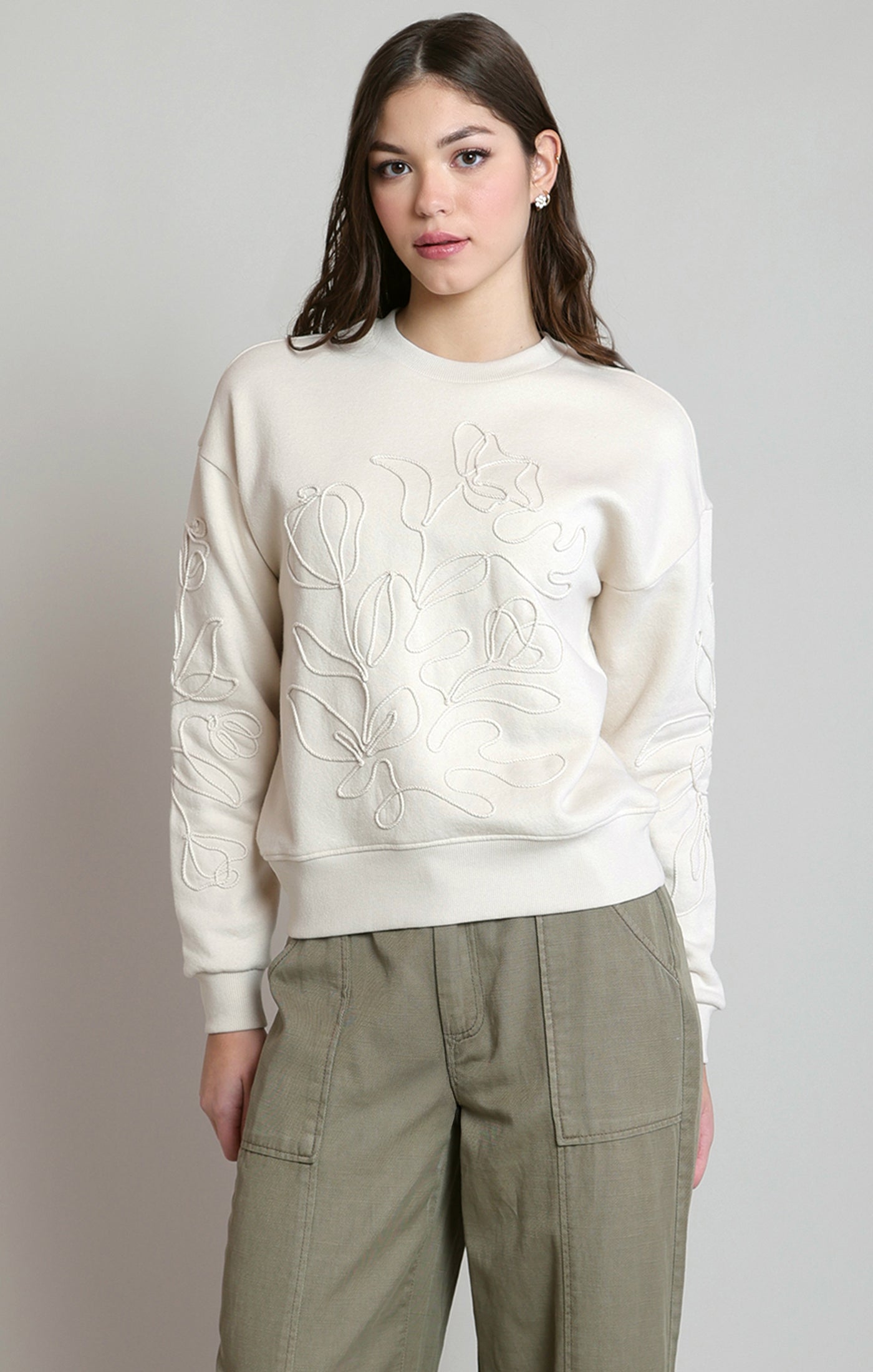 Tonal Embroidered Artsy Floral Sweatshirt Ivory