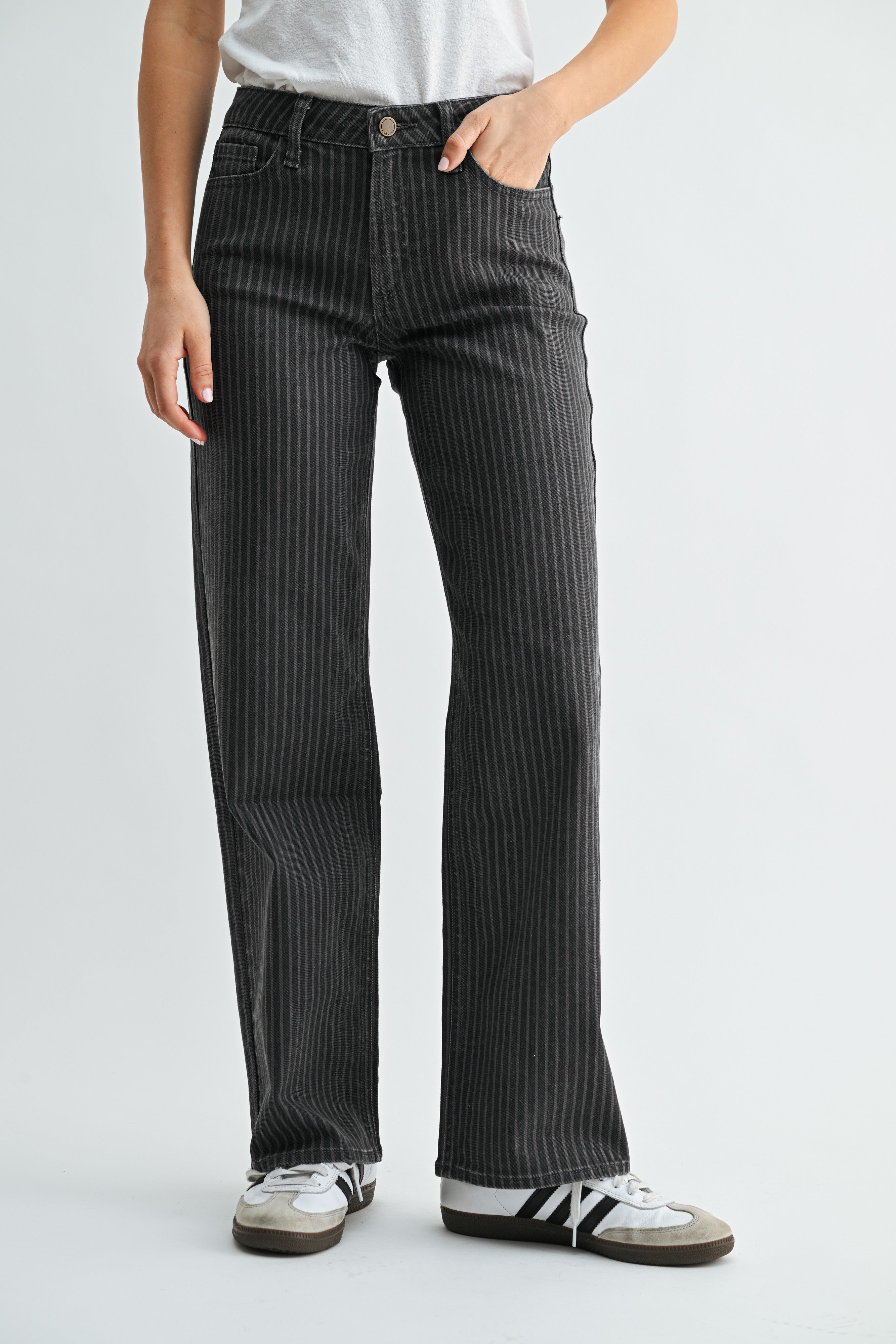 High Rise Full Length Straight Denim Pants Grey Stripe