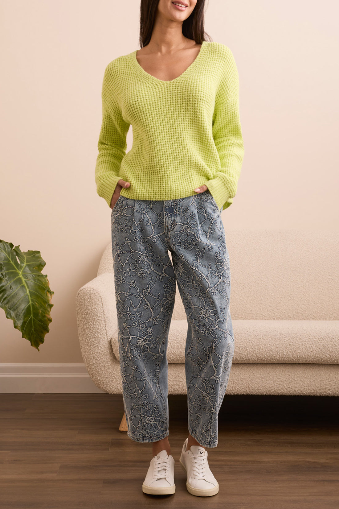 Drop Shoulder Textured Vneck Sweater Lime Mist