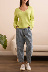 Drop Shoulder Textured Vneck Sweater Lime Mist