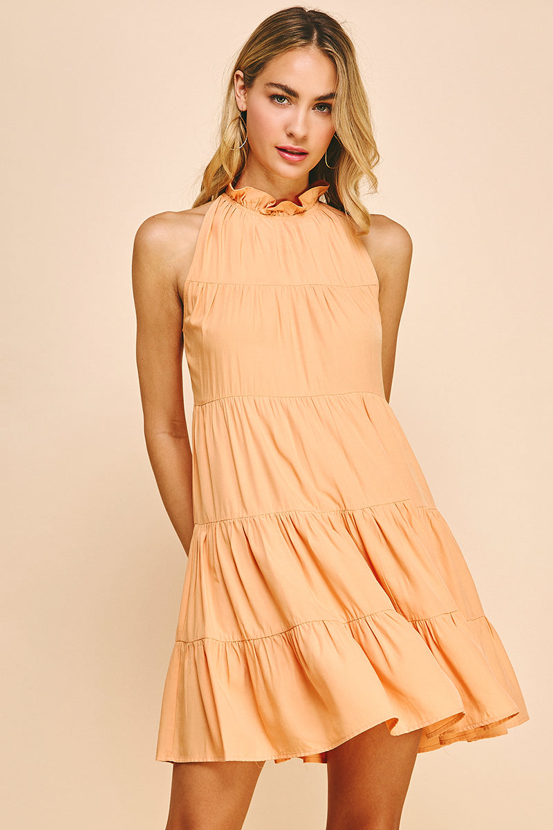 Halter Bow Back Tiered Mini Dress Cantalope