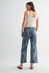 High Rise Patchwork Wide Leg Ankle Jeans Patch Blue
