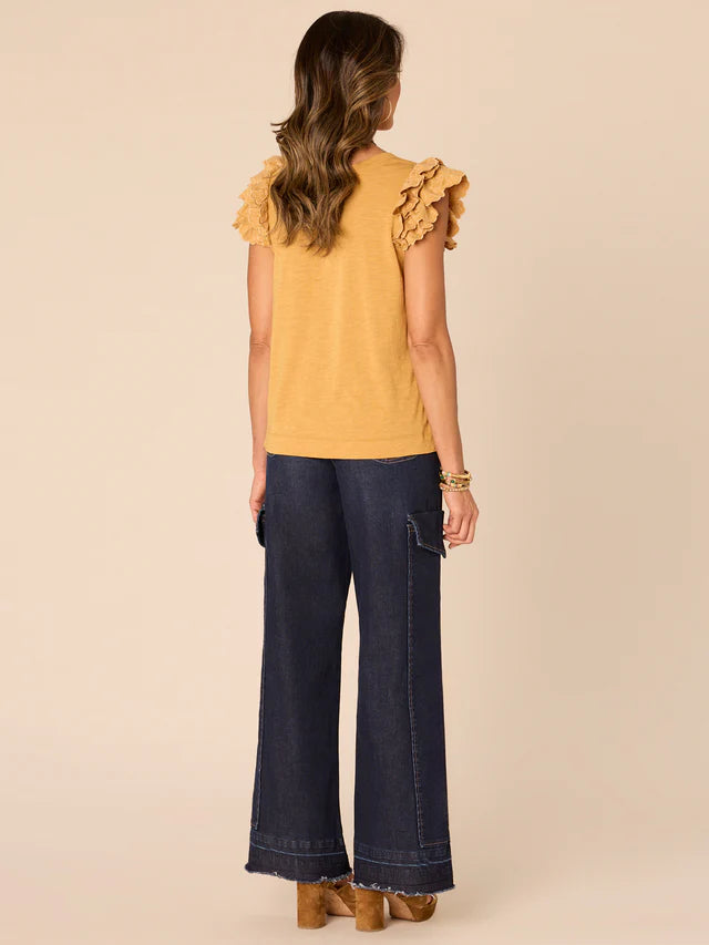 Double Ruffle Shoulder Notched Scoop Neck Tank Dark Mustard Gold