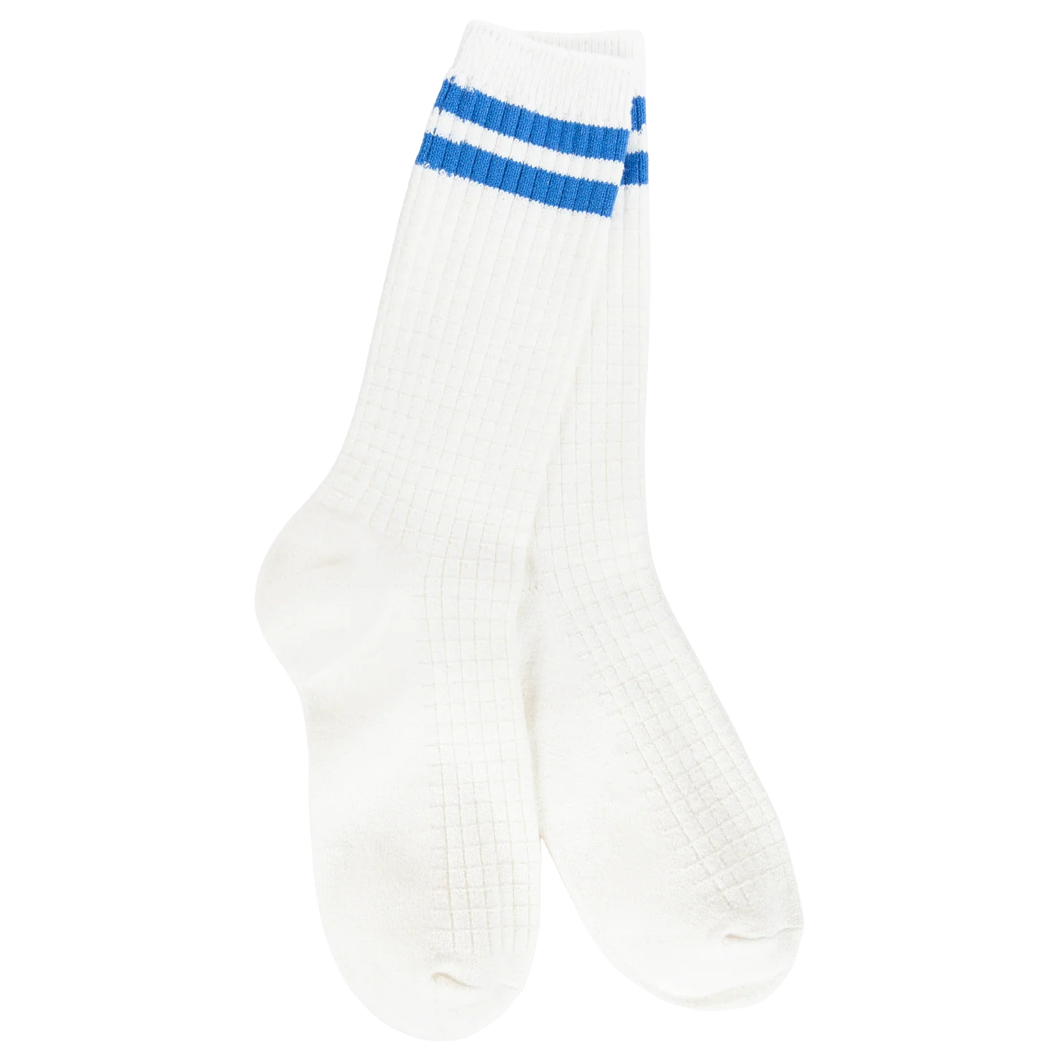 Weekend Waffle Stripe Crew Socks Ivory Blue