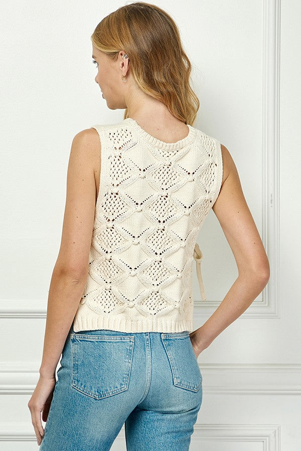 Side Tie Open Knit Sweater Vest Cream