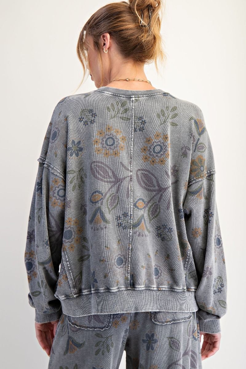 Floral Print Washed Terry Pullover Ash