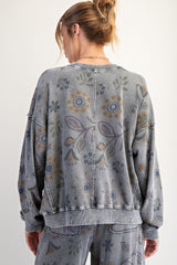 Floral Print Washed Terry Pullover Ash