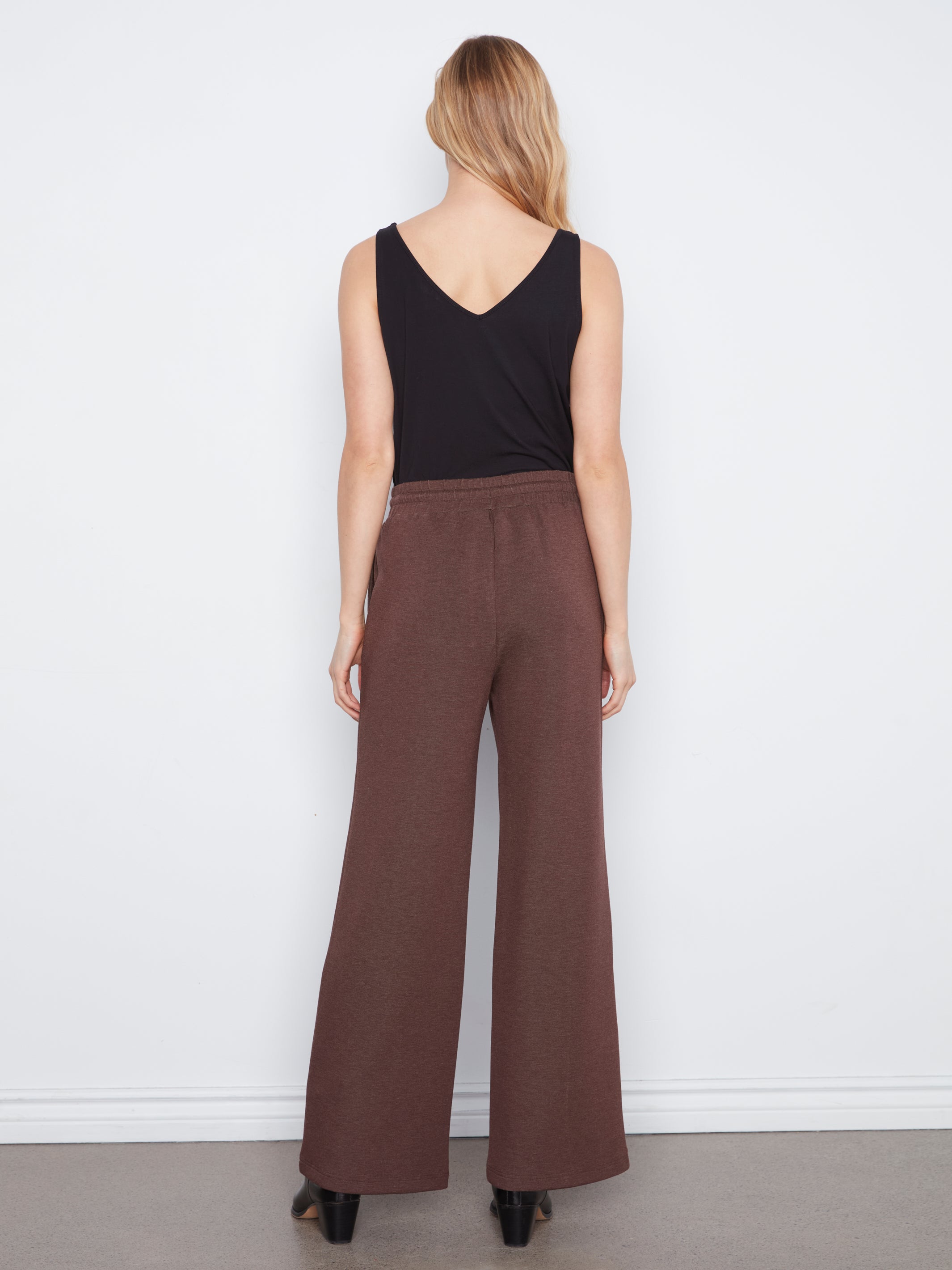 Elastic Waist Pintuck Wide Leg Pants Heather Espresso