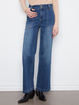 Double Front Button Patch Pocket Wide Leg Jeans Washed Indigo